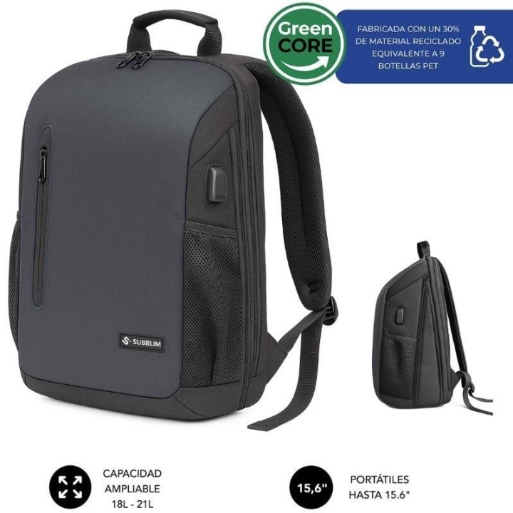 Mochila subblim xpand air padding backpack para portátiles hasta 15.6'/ 21l/ puerto usb/ negro