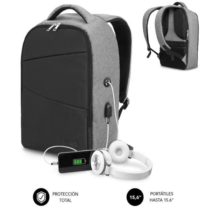 Mochila Subblim Secure V2 AP para Portátiles hasta 15.6'/ Puerto USB/ Antirrobo/ Repelente al agua/ Cinta para Trolley/ Gris