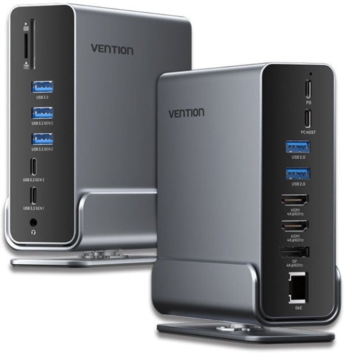 Docking usb tipo-c vention tpuh0/ 2xhdmi 4k/ 1xdisplayport/ 3xusb tipo-c/ 5xusb/ 1xrj45/ 1xlector de tarjetas/ 1xjack 3.5/
