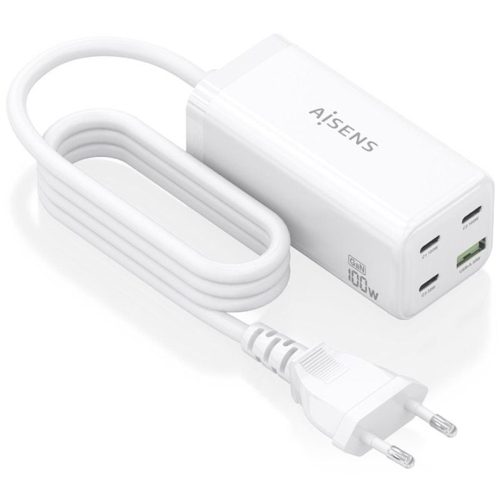 Cargador Sobremesa GaN Aisens ASCH-100W4P053-W/ 3xUSB Tipo-C/ 1xUSB/ 100W