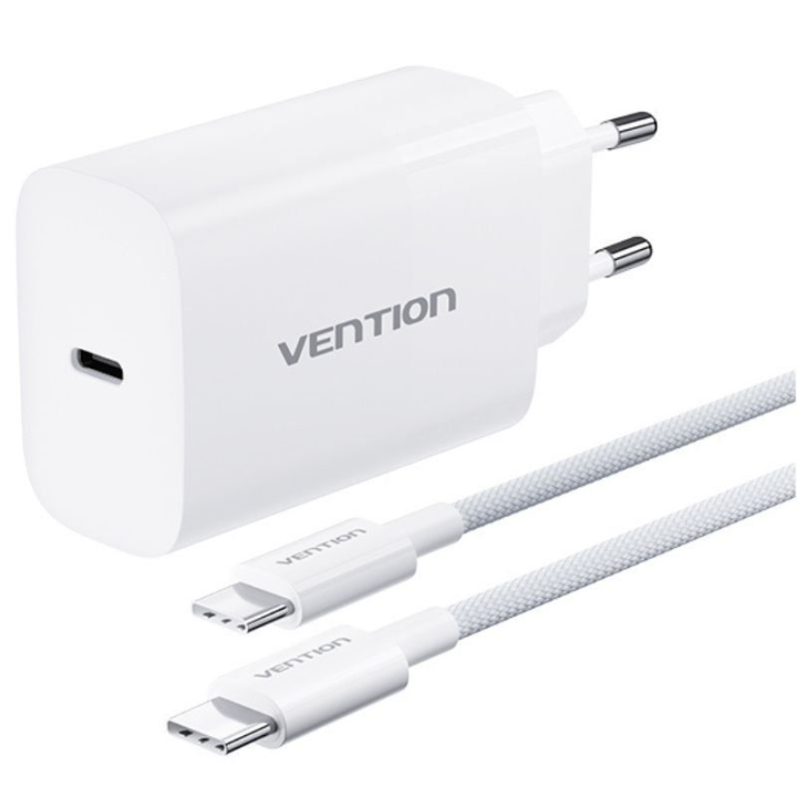 Cargador de pared gan vention g14w0-eu/ 1xusb tipo-c + cable usb tipo-c/ 1xusb/ 65w
