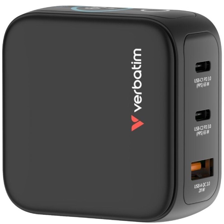 Cargador de pared universal gan para viaje verbatim mini gan charger con pantalla/ 2xusb tipo-c/ 1xusb/ 65w