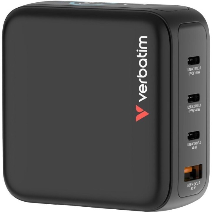 Cargador de pared universal gan para viaje verbatim mini gan charger con pantalla/ 3xusb tipo-c/ 1xusb/ 140w
