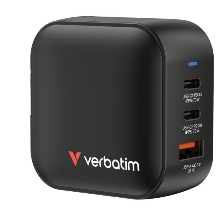 Cargador de pared universal gan para viaje verbatim mini gan wall charger/ 2xusb tipo-c/ 1xusb/ 70w