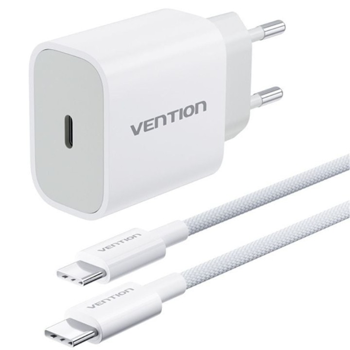Cargador de pared gan vention g12w0-eu/ 1xusb tipo-c + cable usb tipo-c/ 1xusb/ 20w