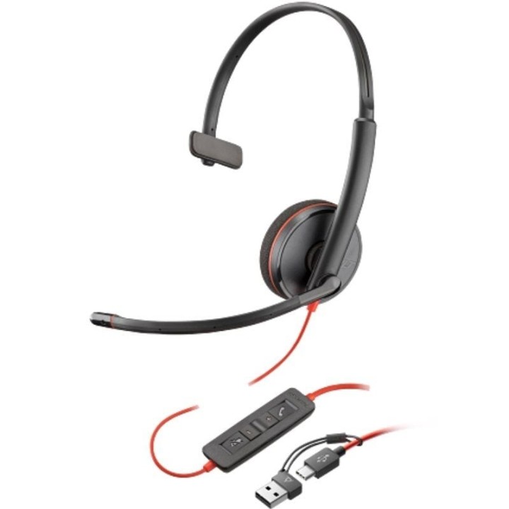 Auricular Poly Blackwire 3210 + Adaptador USB-C/A/ con Micrófono/ USB Tipo-C/ Bulk/ Negro