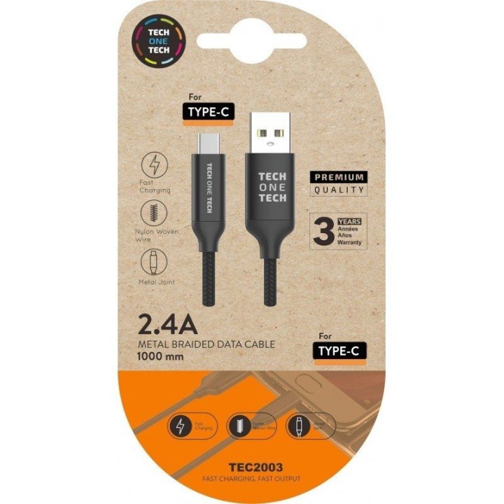 Cable USB 2.0 Tipo-C Tech One Tech TEC2003/ USB Tipo-C Macho - USB Macho/ 480Mbps/ 1m/ Negro
