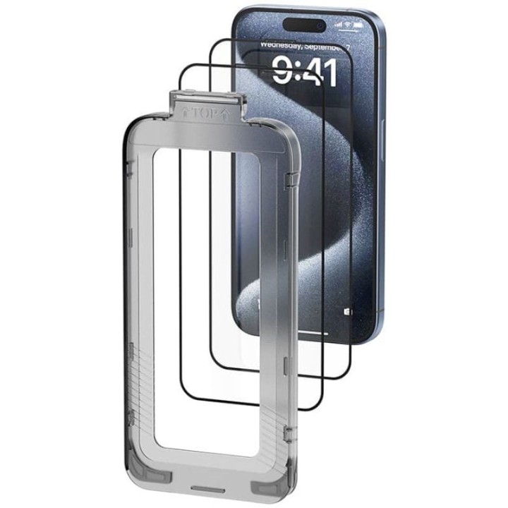 Pack de 2 protectores de pantalla de cristal templado vention kuotca-30 para iphone 15 pro + herramienta de instalación