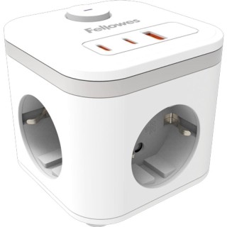 Regleta con interruptor fellowes/ 3 tomas de corriente/ 1 usb - 2 usb tipo-c/ cable 2m/ blanca
