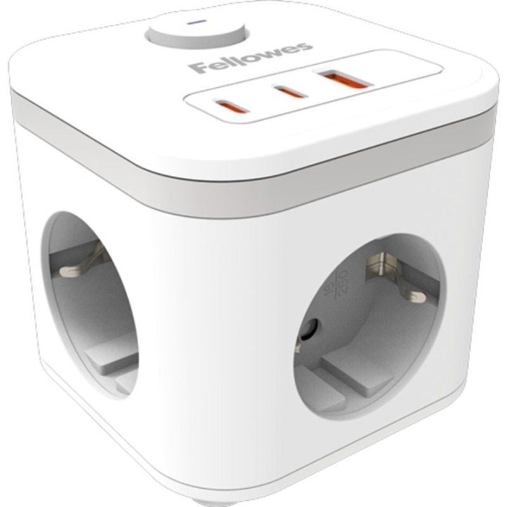 Regleta con interruptor fellowes/ 3 tomas de corriente/ 1 usb - 2 usb tipo-c/ cable 2m/ blanca
