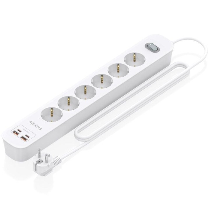 Regleta con Interruptor Aisens ASPS-2A2C16-W/ 6 Tomas de Corriente/ 2 USB - 2 USB Tipo-C/ Cable 1.4m/ Blanco