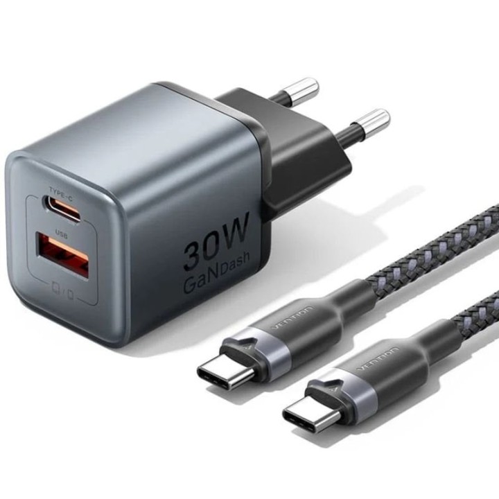 Cargador de Pared GaN Vention TZ-FEWH0-EU/ 1xUSB Tipo-C/ 1xUSB/ 30W