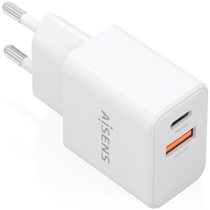 Cargador de Pared GaN Aisens A110-1025/ 1xUSB Tipo-C/ 1xUSB/ 20W/ Blanco
