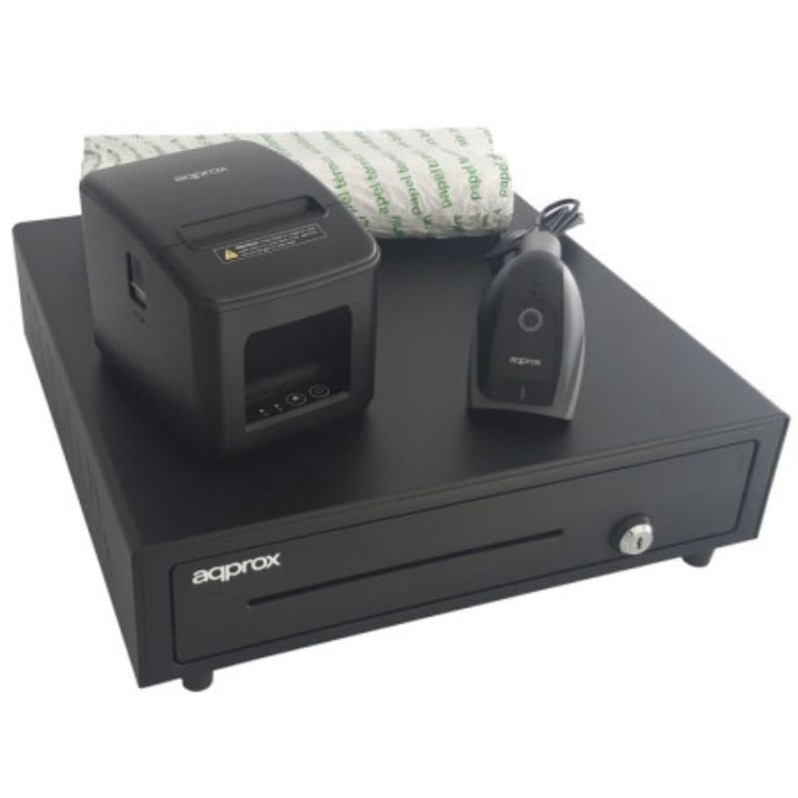 Pack Approx appPOSPACK4180LAN-2D Cajón Portamonedas/ Impresora Térmica/ Lector de Códigos y Rollos Térmicos